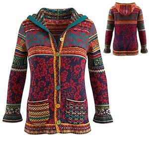 IVKO Wool Knit Jacquard Hooded Button Down Sweater Jacket Sz L